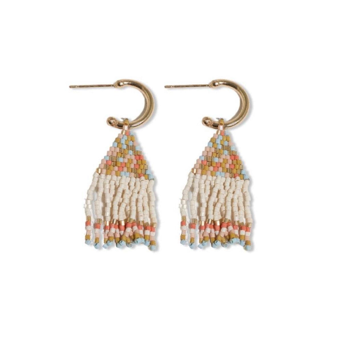 Leta Mini Gold Hoop Confetti Top And Stripe Short Fringe Earrings Amalfi-Blue Hand Home