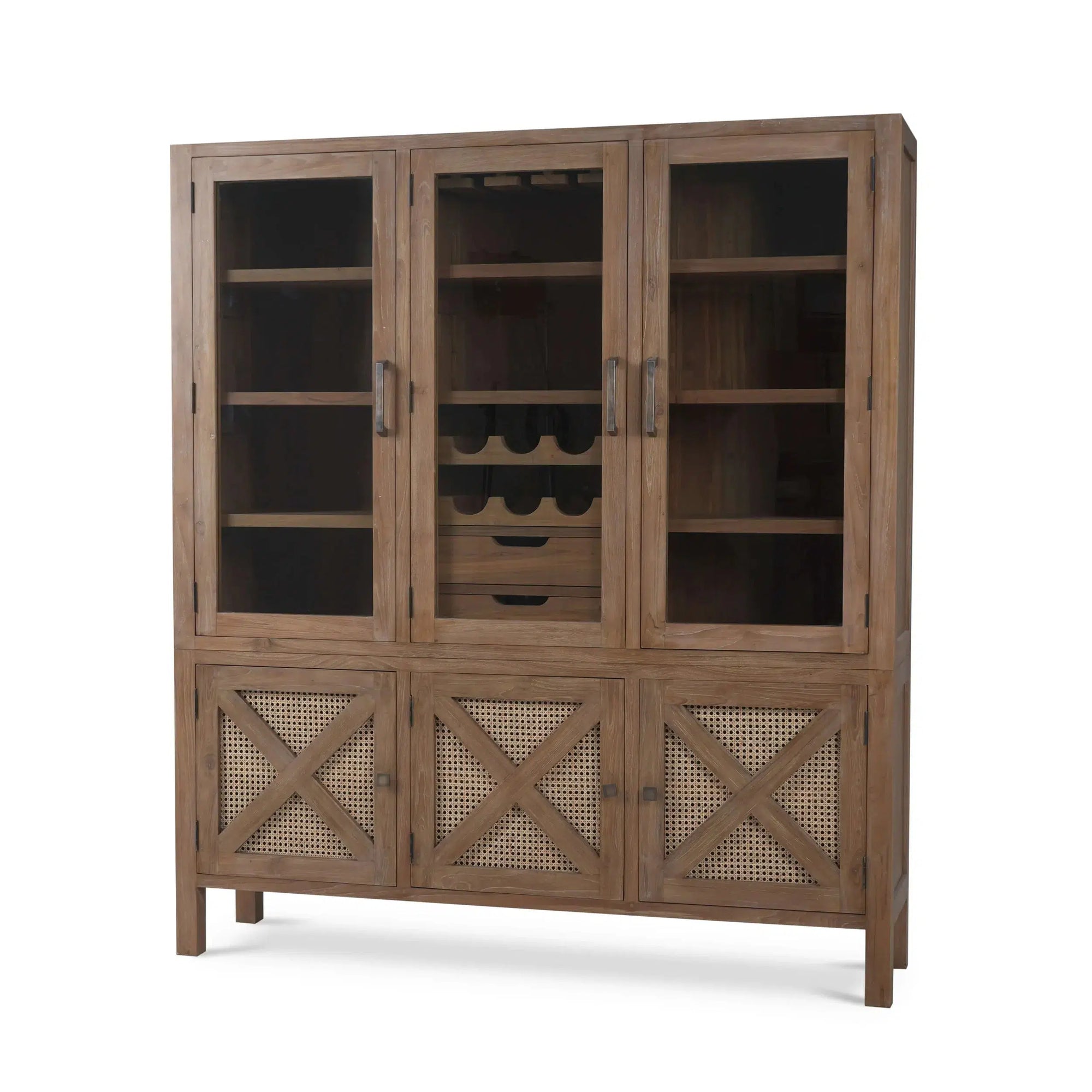 Silvia Reclaimed Teak Wine Cabinet In Teak Straw Wash w/ Rattan Natural-Blue Hand Home