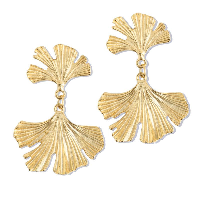 Handcast Gold Ginkgo Leaf Dangle Earrings-Susan Shaw Jewelry-Blue Hand Home