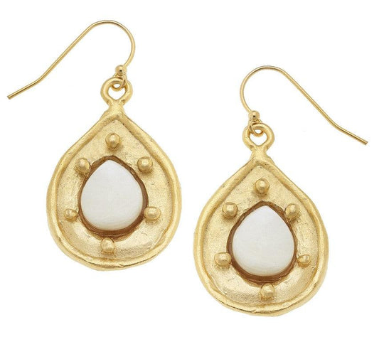 Handcast Gold Teardrop with Genuine Mother of Pearl Earrings-Blue Hand Home