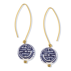 Susan Shaw Gold Threader Earrings w/ Porcelain Ball Drop-Susan Shaw Jewelry-Blue Hand Home