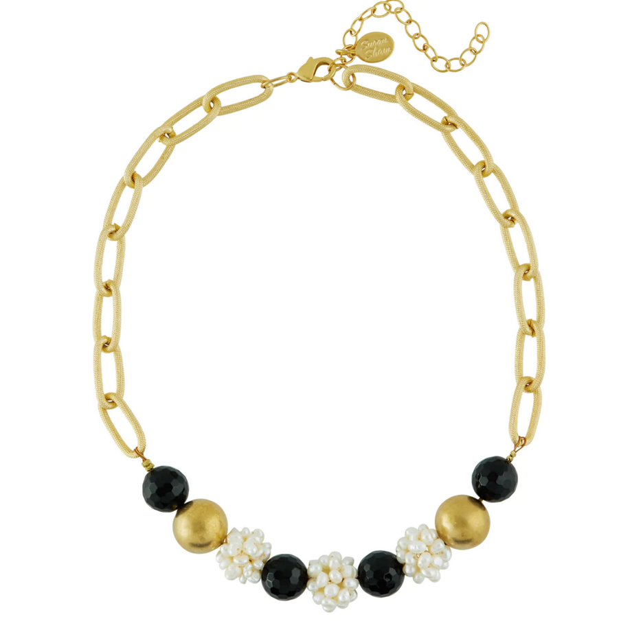 Onyx + Pearl Cluster Chain Necklace-Susan Shaw Jewelry-Blue Hand Home