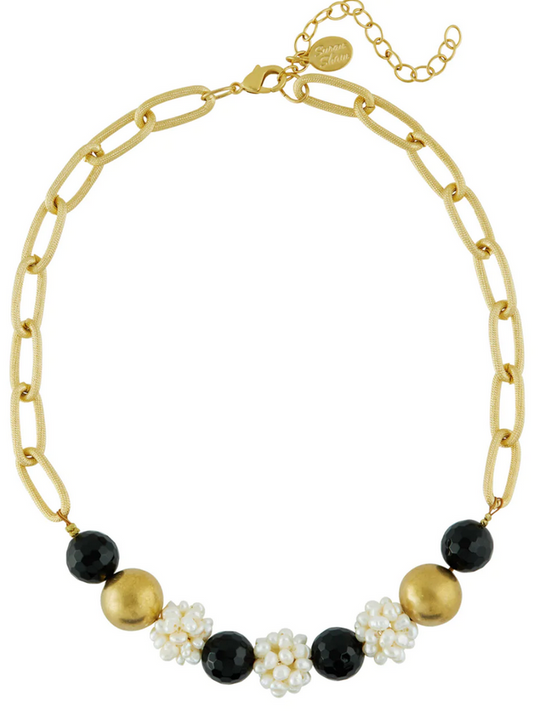 Onyx + Pearl Cluster Chain Necklace