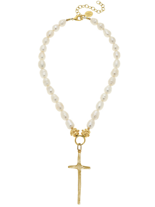 Elongated Cross Pearl Necklace