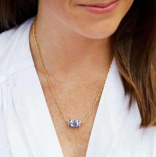 Handpainted Blue and White Porcelain Bead & Tiny Chain Necklace-Susan Shaw Jewelry-Blue Hand Home