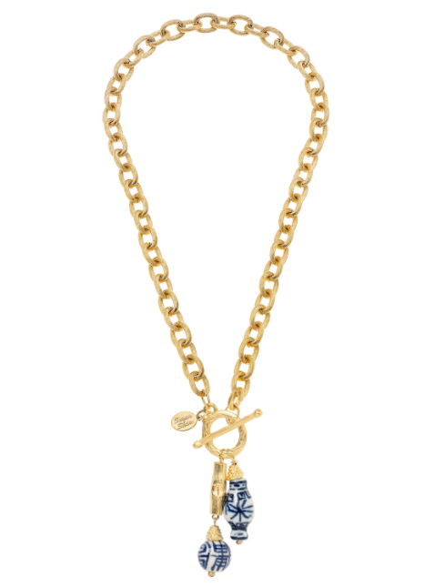 Handcast Gold Toggle Necklace w/ Ball, Lantern, Bead Drop-Susan Shaw Jewelry-Blue Hand Home