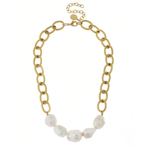 Susan Shaw Gold Textured Loop Chain w/ Genuine Freshwater Baroque Pearls-Susan Shaw Jewelry-Blue Hand Home