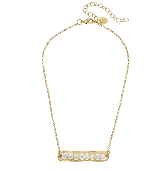 Genuine Freshwater Pearls on Handcast Gold Bar Necklace-Susan Shaw Jewelry-Blue Hand Home