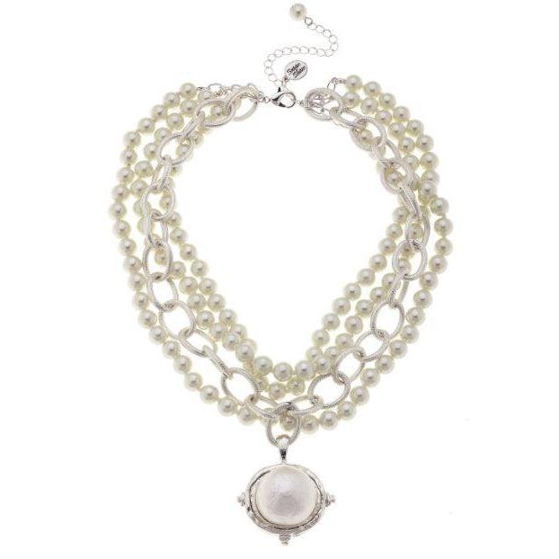 Susan Shaw Multi Strand Ivory Glass Pearls with Cotton Pearl Cab Pendant-Susan Shaw Jewelry-Blue Hand Home