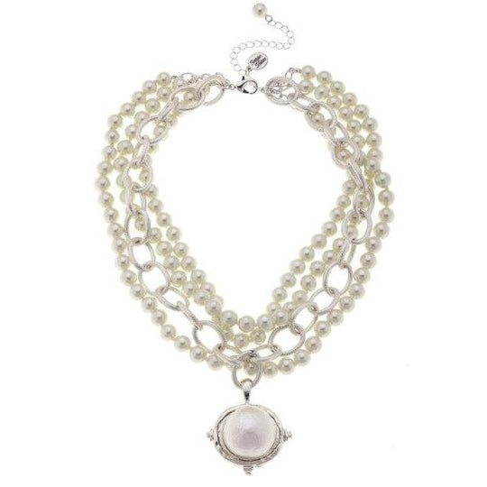 Susan Shaw Multi Strand Ivory Glass Pearls with Cotton Pearl Cab Pendant