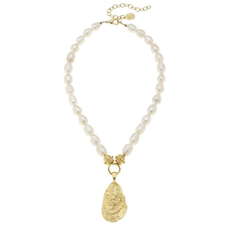 Susan Shaw Gold Oyster Shell on Genuine Freshwater Pearl Necklace-Susan Shaw Jewelry-Blue Hand Home