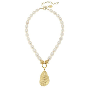 Susan Shaw Gold Oyster Shell on Genuine Freshwater Pearl Necklace-Susan Shaw Jewelry-Blue Hand Home