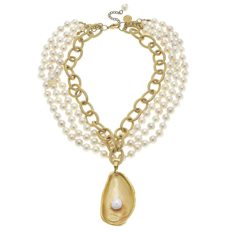 Pearl Necklace with Gold Oyster and Hand Set Freshwater Pearl-Susan Shaw Jewelry-Blue Hand Home