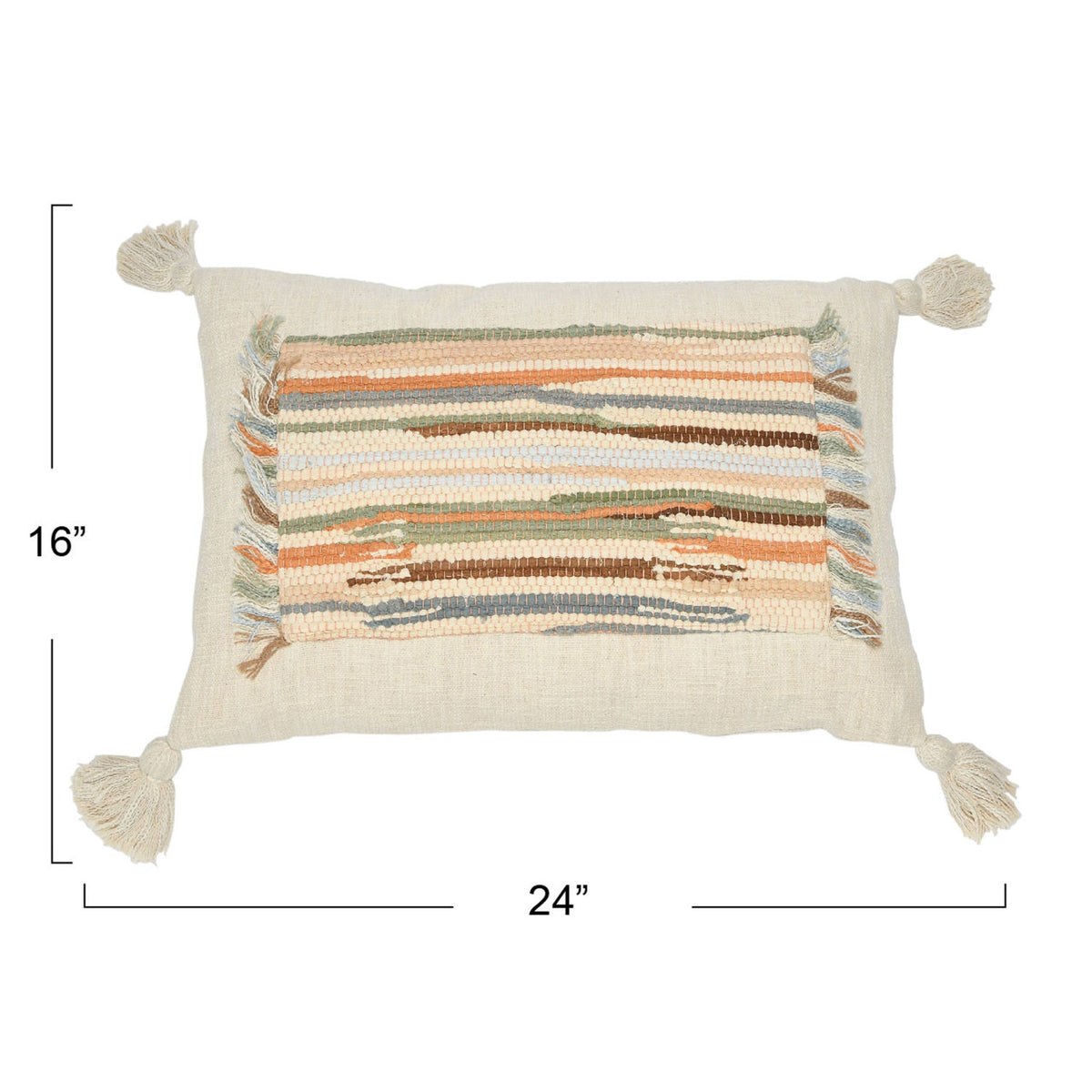 24&quot; x 16&quot; Woven Cotton Slub Lumbar Pillow w/ Applique, Fringe &amp; Tassels, Poly Fill-Blue Hand Home