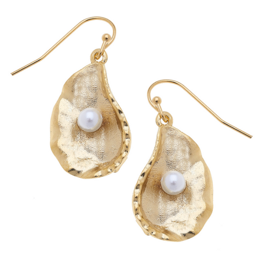 Susan Shaw Handcast Gold Oyster with Freshwater Pearl Earrings-Susan Shaw Jewelry-Blue Hand Home